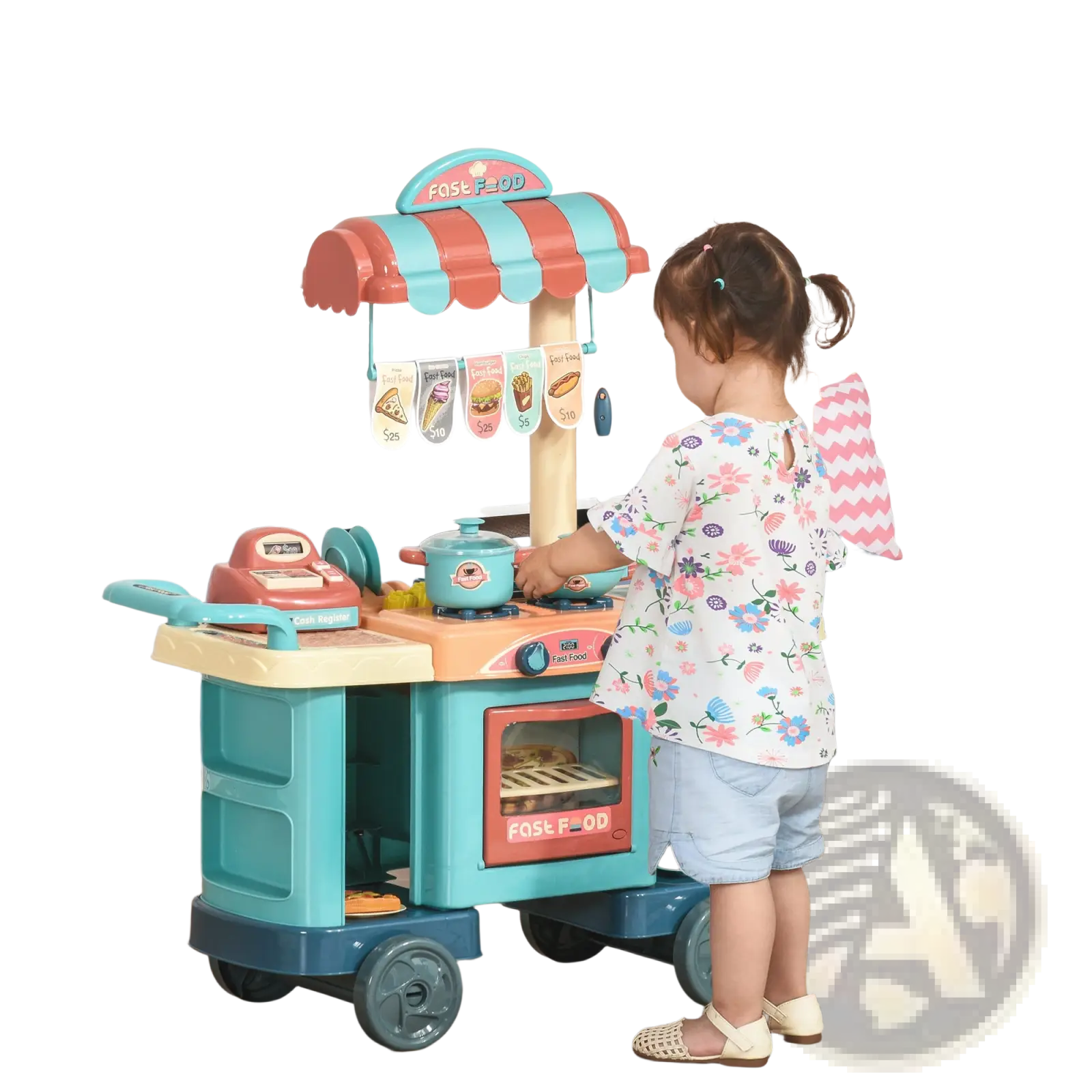 Teal and orange plastic kids kitchen playset with wheels and cash register featuring 50 pieces for imaginative play