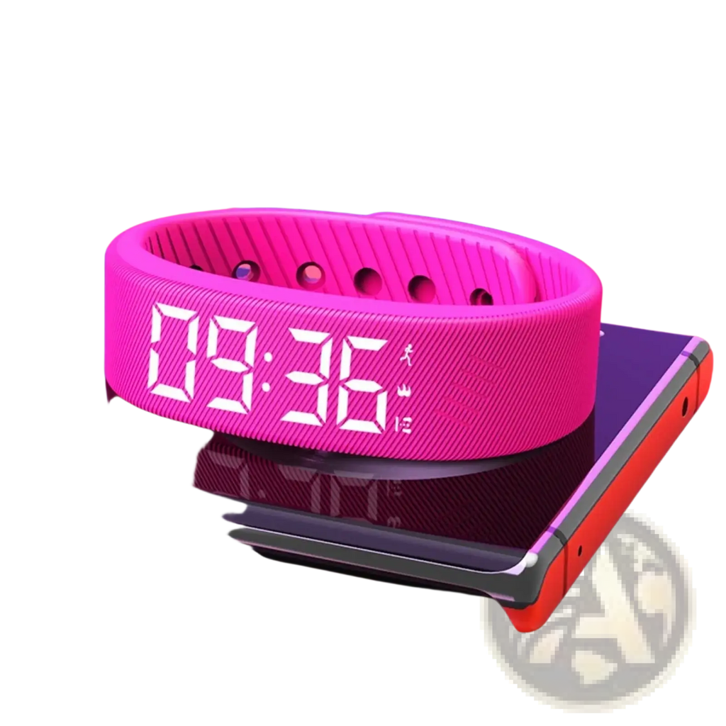 Vibrant pink kids led digital fitness tracker watch with textured silicone band and white led display showing time and icons