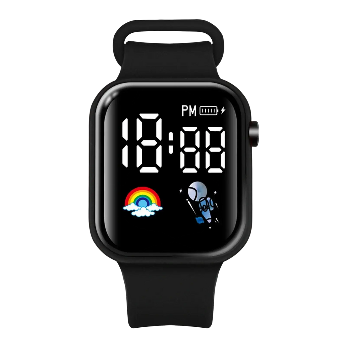 Black kids led digital smartwatch with rectangular face and silicone strap displaying colorful rainbow and astronaut icons