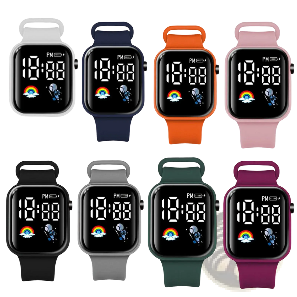 Kids led digital smartwatches with colorful silicone straps and black screens displaying rainbow and astronaut graphics