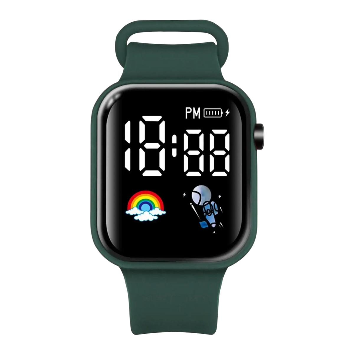 Dark green kids led digital smartwatch with silicone strap and square face showing time battery and playful icons