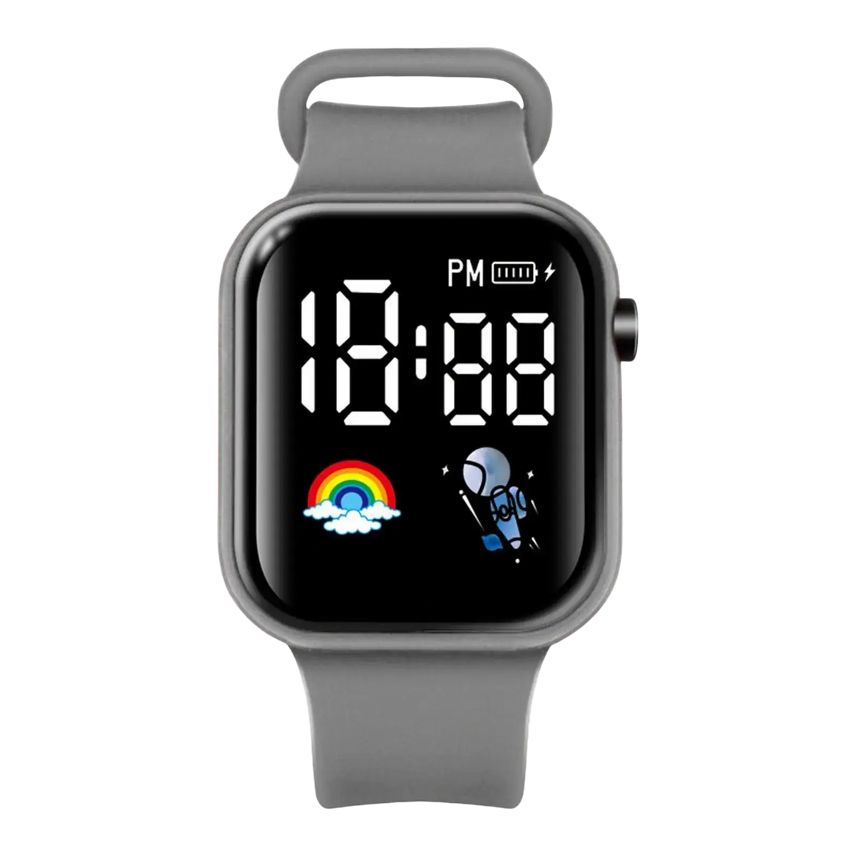 Gray kids led digital smartwatch with silicone strap and square black screen displaying time and playful astronaut icons