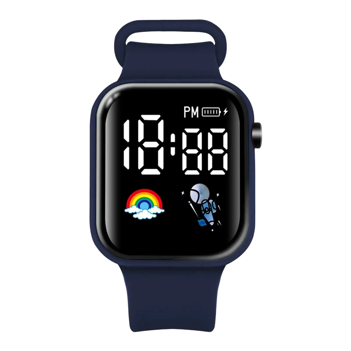 Kids led digital smartwatch with navy blue silicone strap and black screen displaying time and colorful cartoon icons