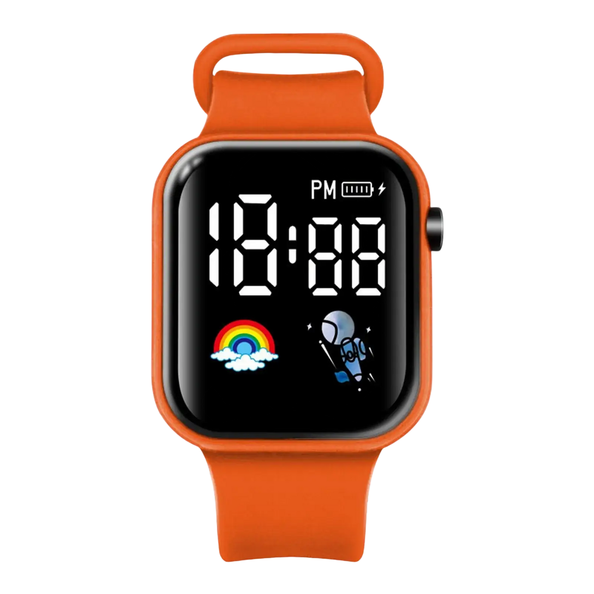 Kids led digital smartwatch with square face, vibrant orange silicone strap, and rainbow and astronaut icons on screen