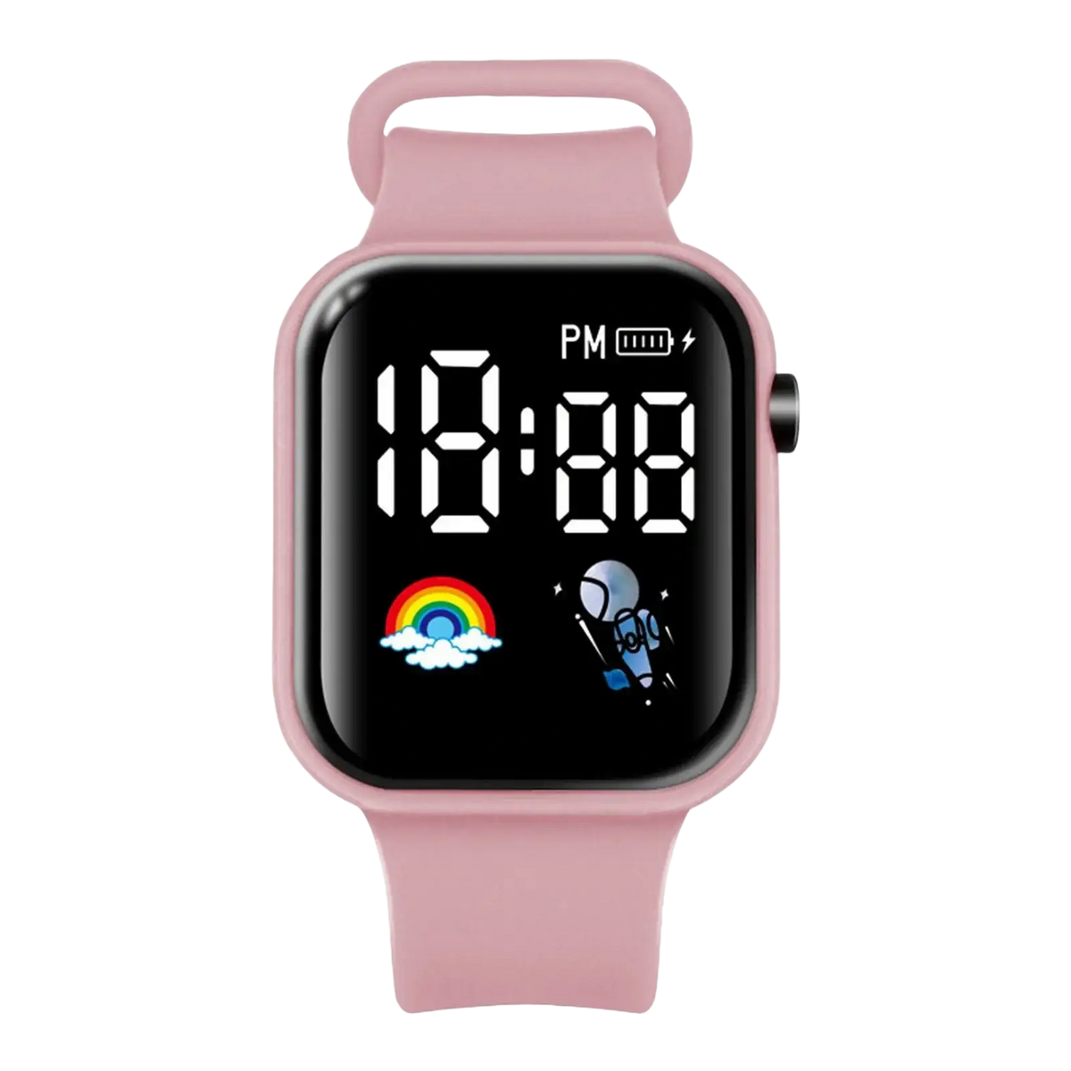 Kids led digital smartwatch with pink silicone strap and black digital display showing time and playful icons