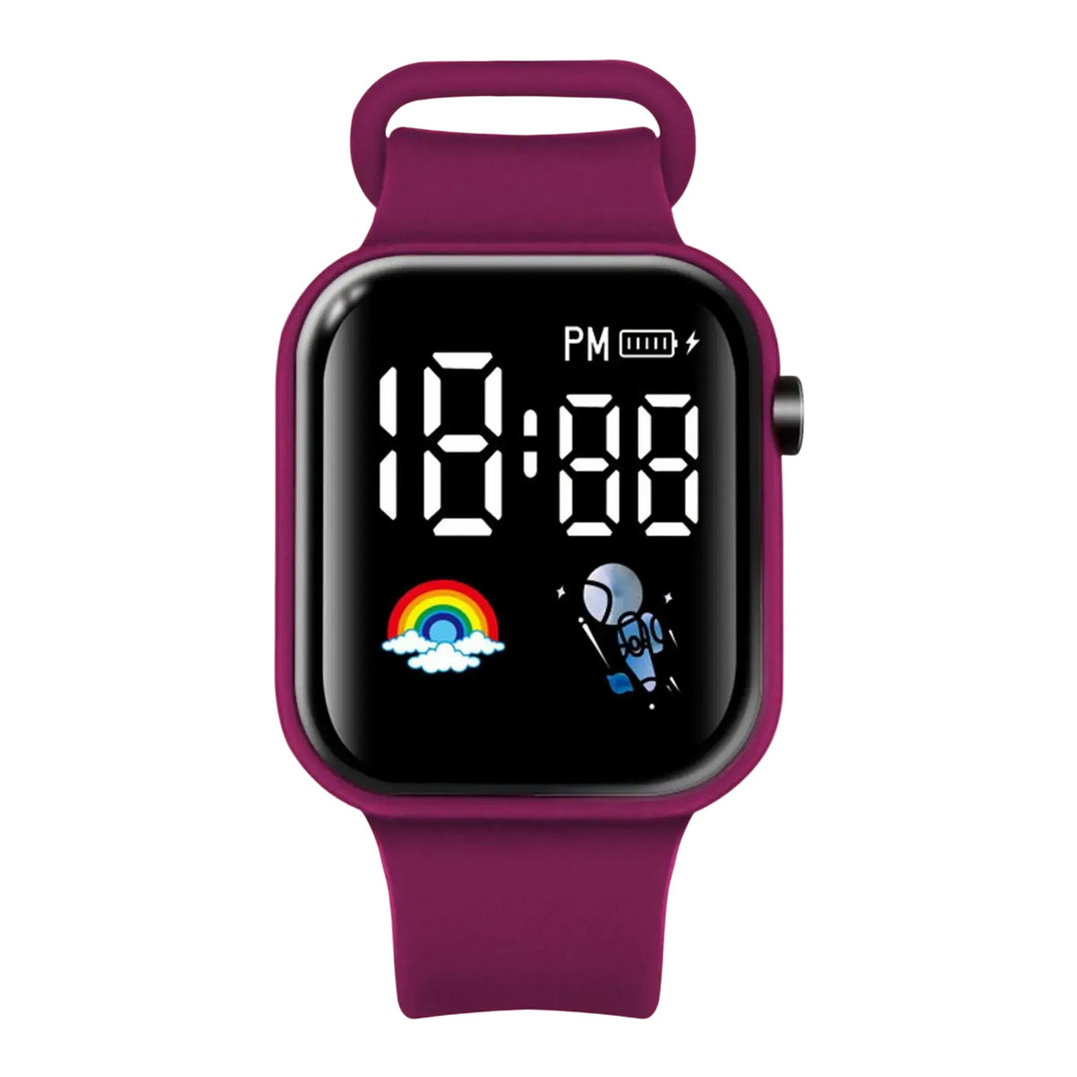 Purple kids led digital smartwatch with silicone strap and black screen displaying time rainbow and astronaut icons