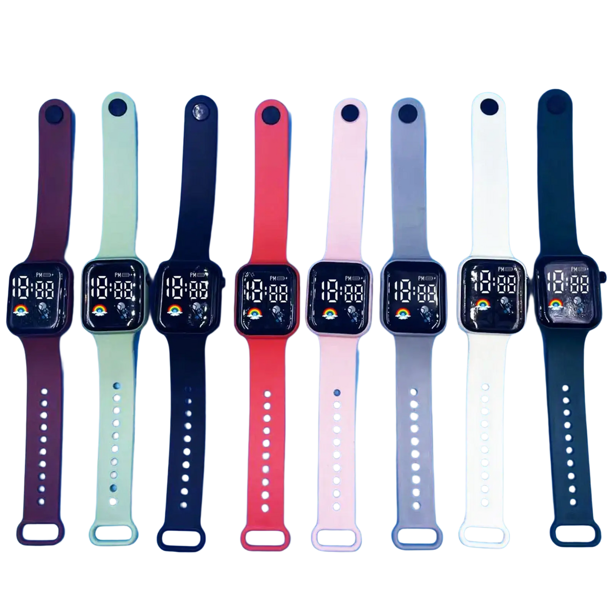 A row of kids led digital smartwatches with colorful silicone straps and black faces displaying a rainbow design