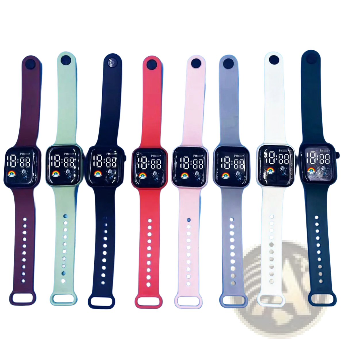 A row of kids led digital smartwatches with colorful silicone straps and black faces displaying a rainbow design