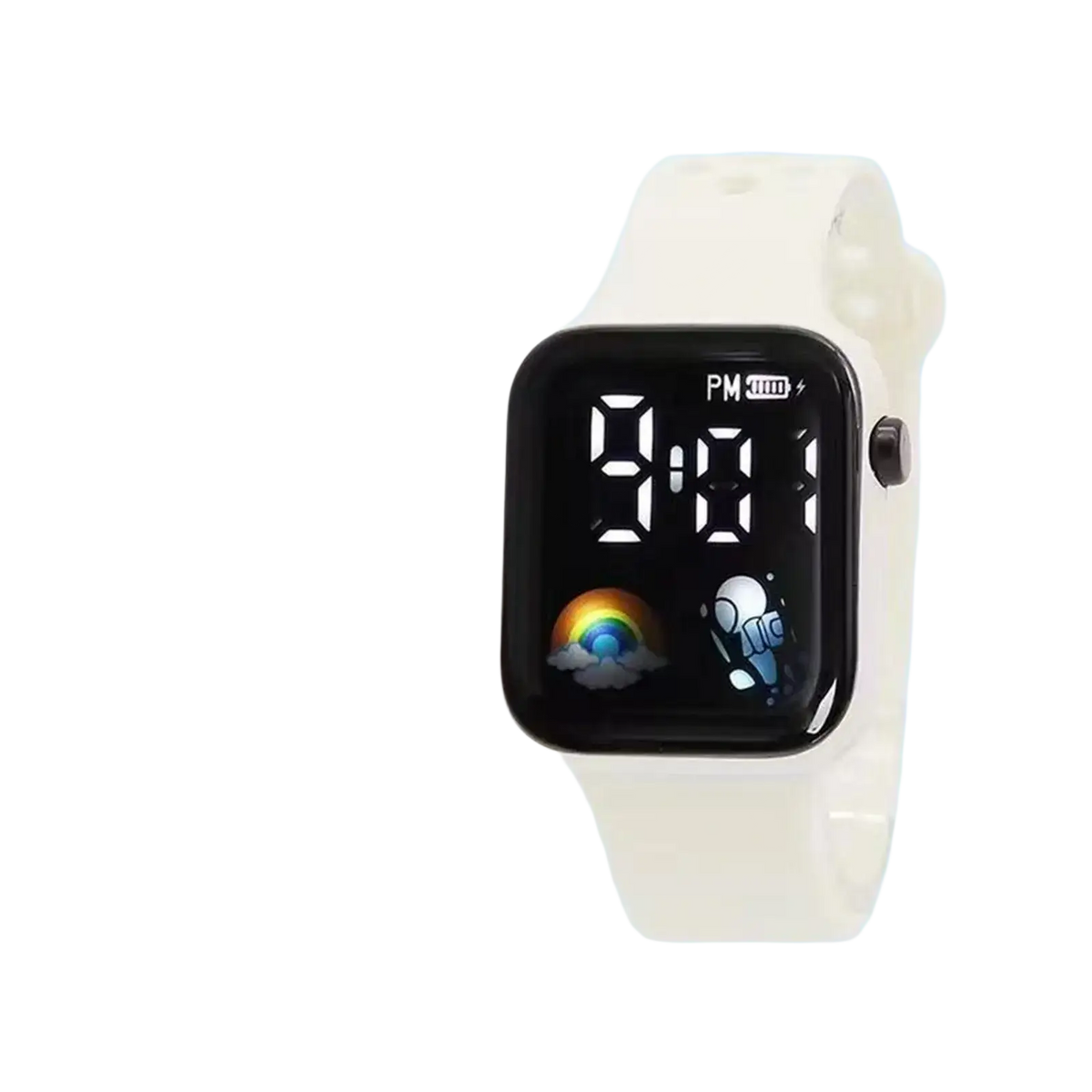 Kids LED digital smartwatch with white black square face space-themed display and off-white silicone strap