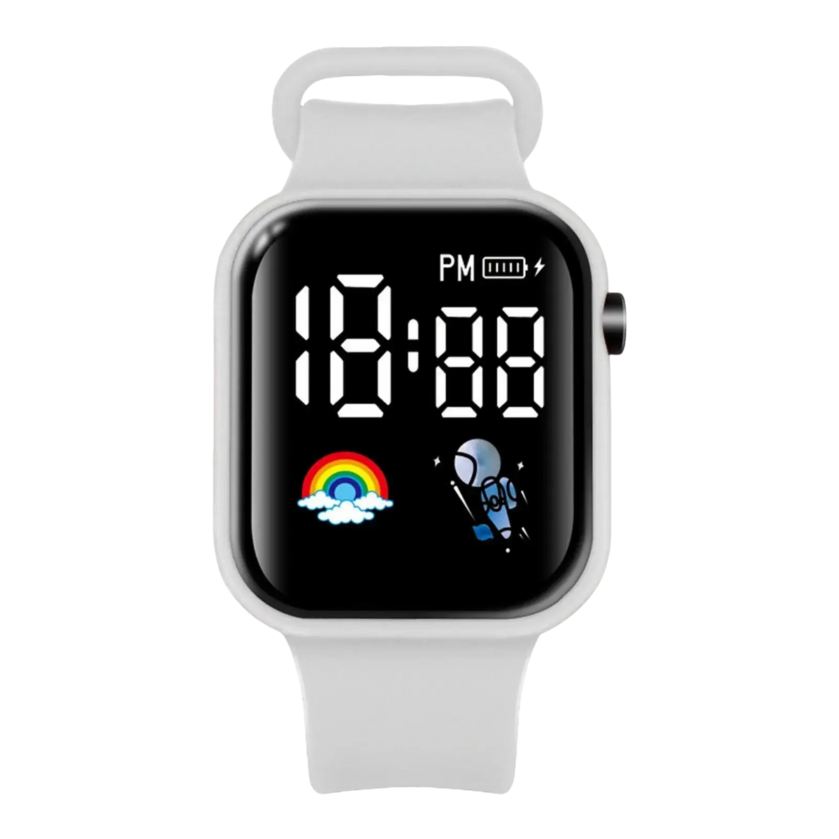 Kids led digital smartwatch with white silicone strap and black screen displaying time with colorful cartoon icons