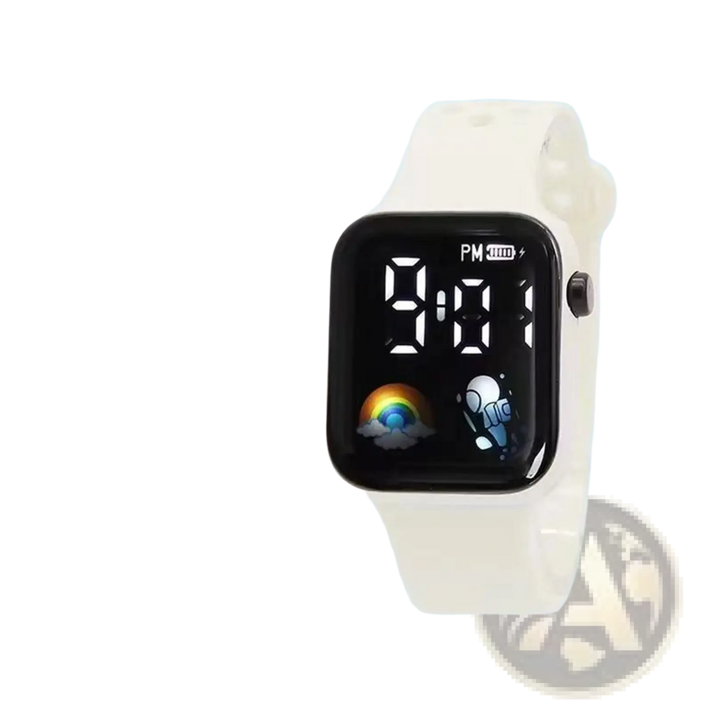 Kids LED digital smartwatch with white black square face space-themed display and off-white silicone strap