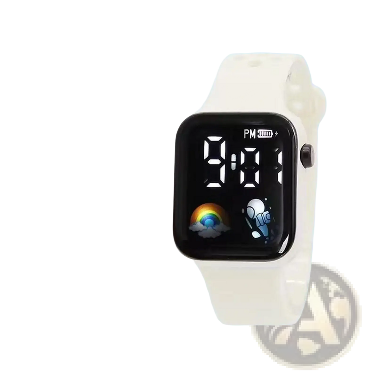 Kids LED digital smartwatch with white black square face space-themed display and off-white silicone strap