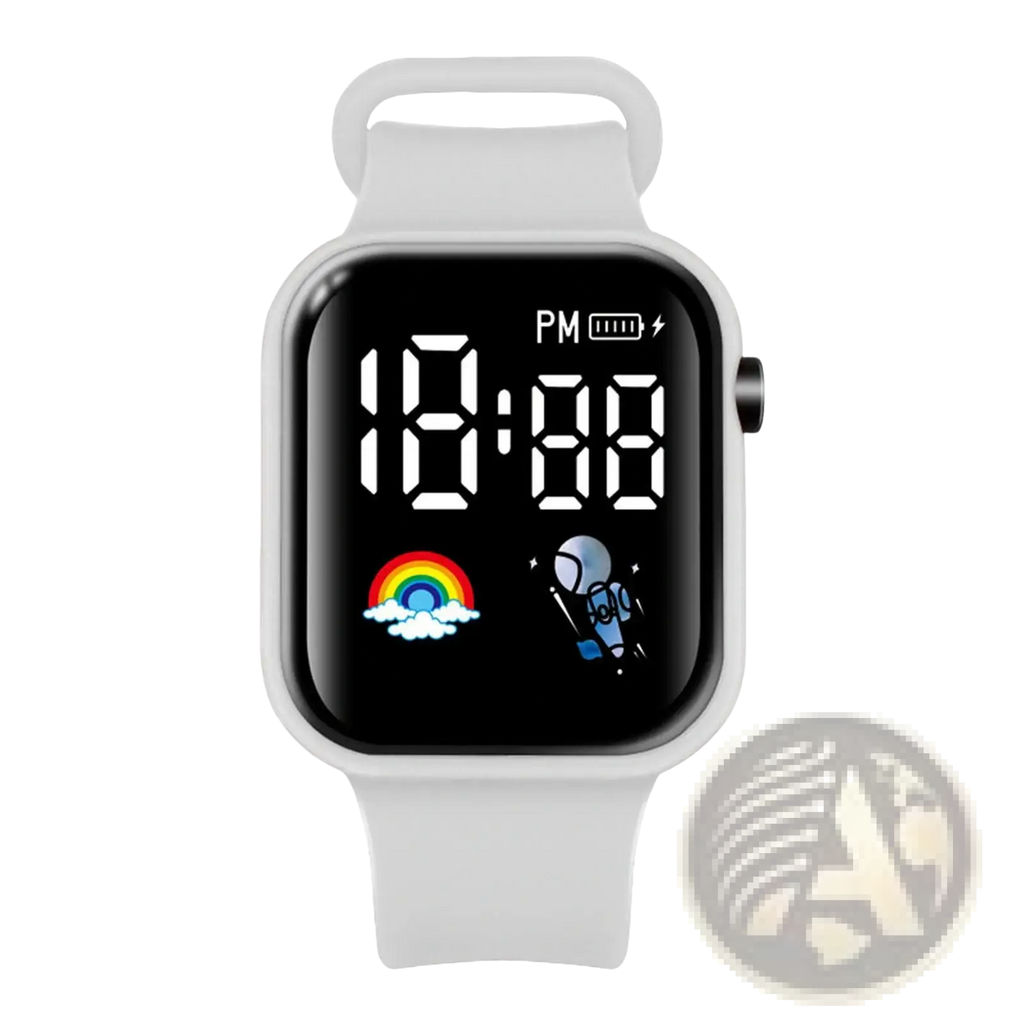 Kids led digital smartwatch with white silicone strap and black screen displaying time with colorful cartoon icons