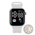 Kids led digital smartwatch with white silicone strap and black screen displaying time with colorful cartoon icons