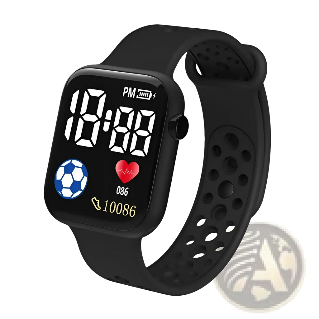 Black kids led digital sport watch with waterproof silicone perforated strap and illuminated heart rate display
