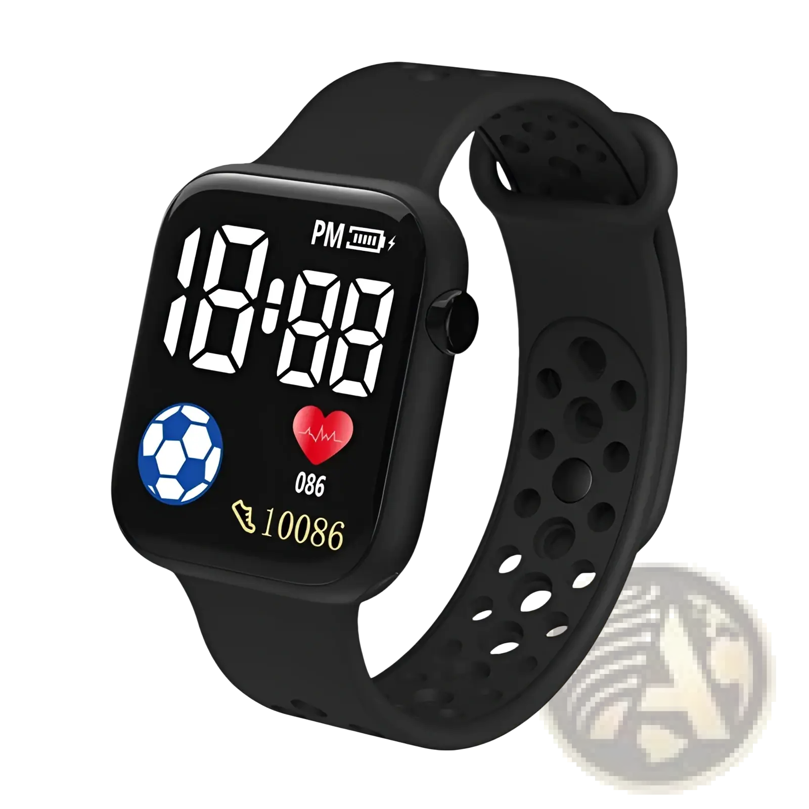 Black kids led digital sport watch with waterproof silicone perforated strap and illuminated heart rate display