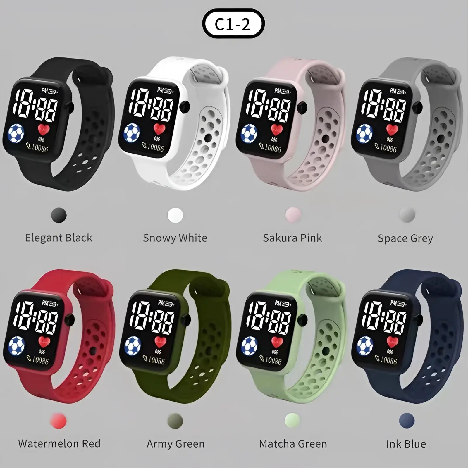 A collection of kids led digital sport watches in vibrant colors made of waterproof silicone material