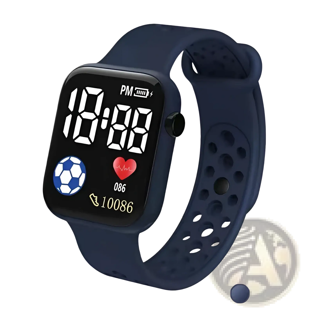 Navy blue kids led digital sport watch with silicone strap waterproof with digital display showing time heart rate and notifications