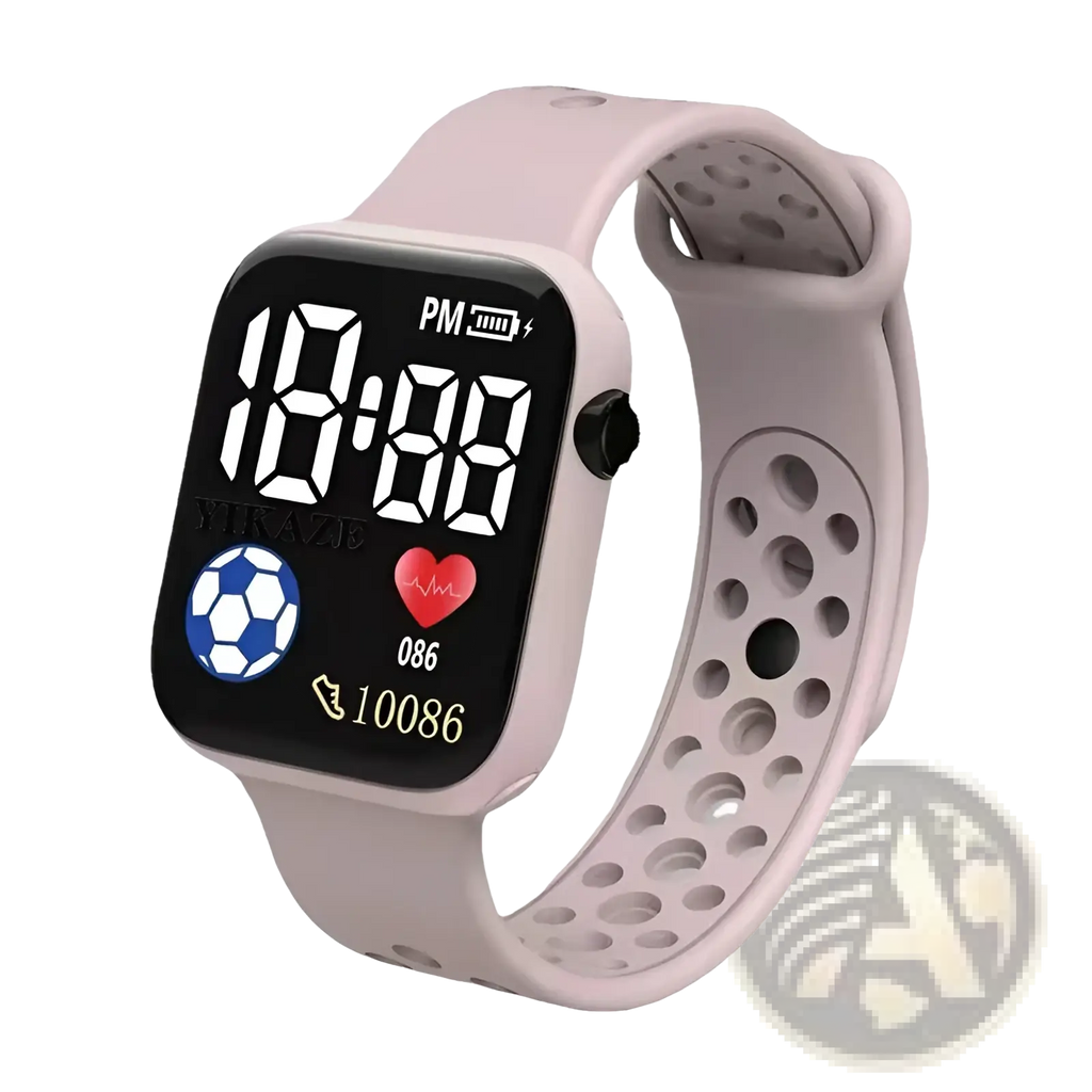 Pink silicone kids led digital sport watch with square display showing time heart rate and phone number waterproof