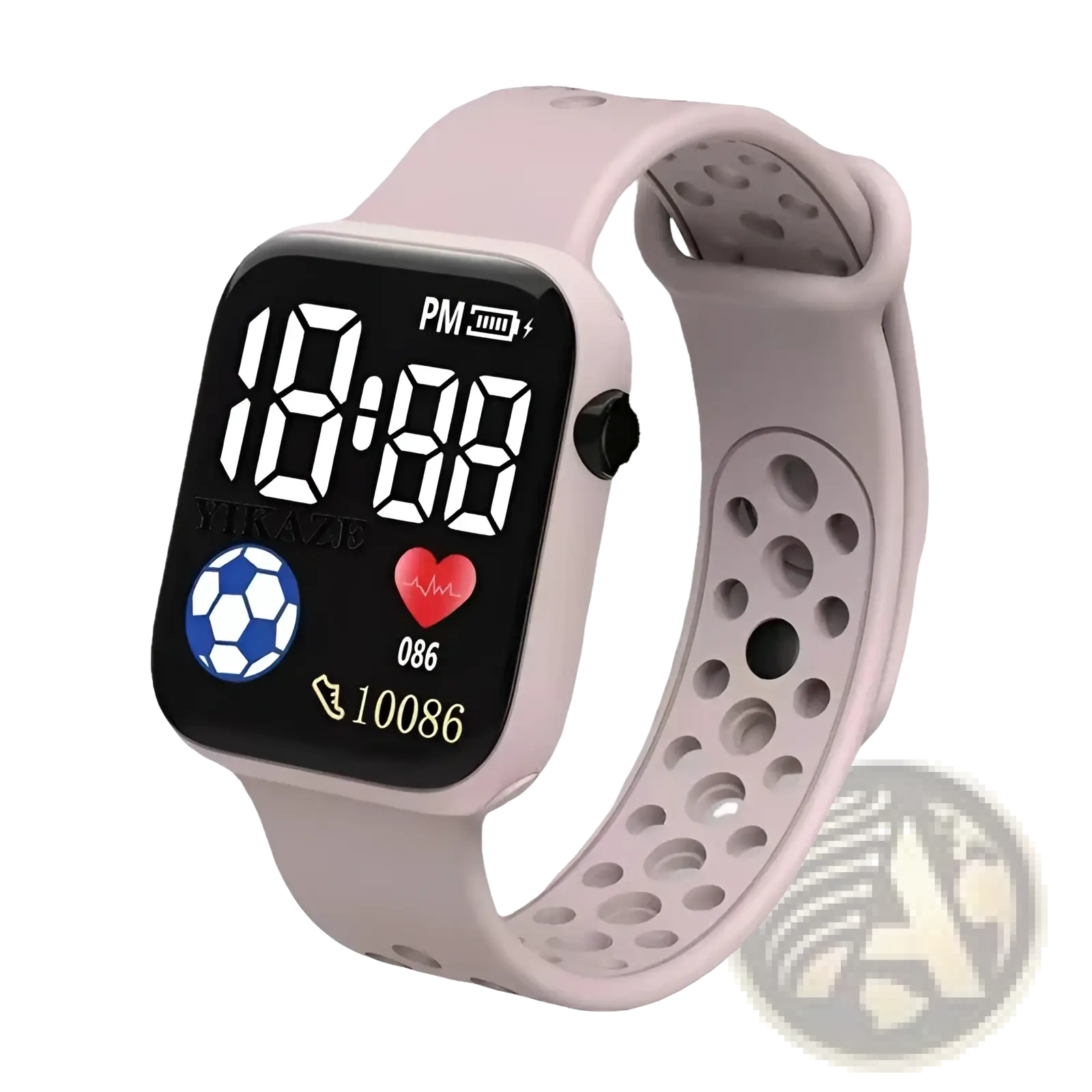 Pink silicone kids led digital sport watch with square display showing time heart rate and phone number waterproof