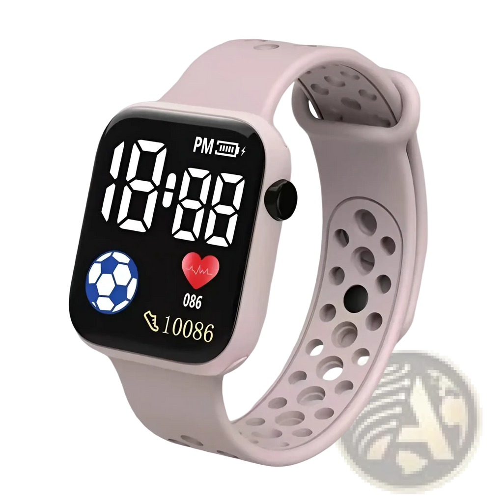 Kids led digital sport watch in pink silicone with square digital display showing time heart rate and notifications