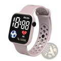 Kids led digital sport watch in pink silicone with square digital display showing time heart rate and notifications