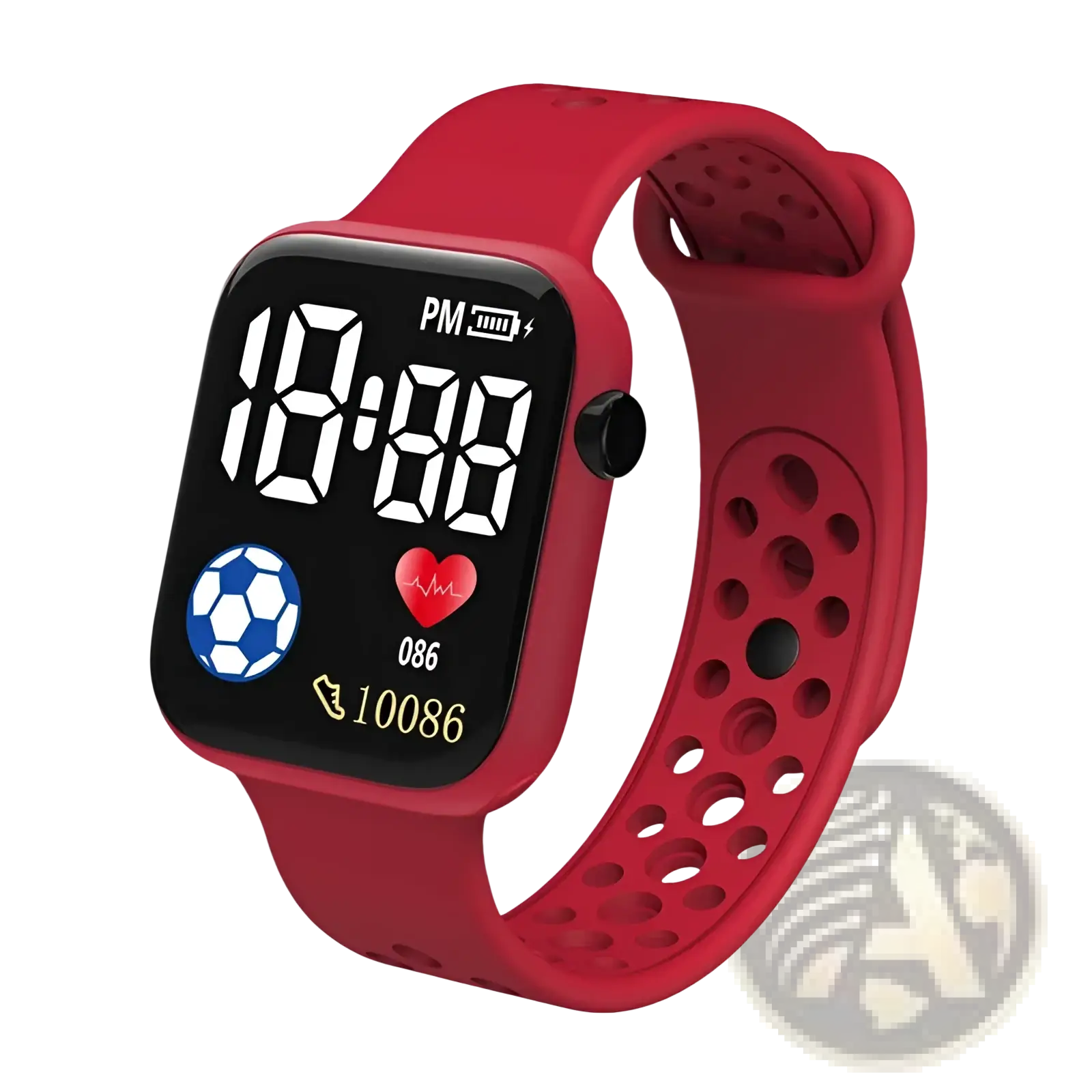 Red silicone kids led digital sport watch with square display showing time heart rate and phone notifications