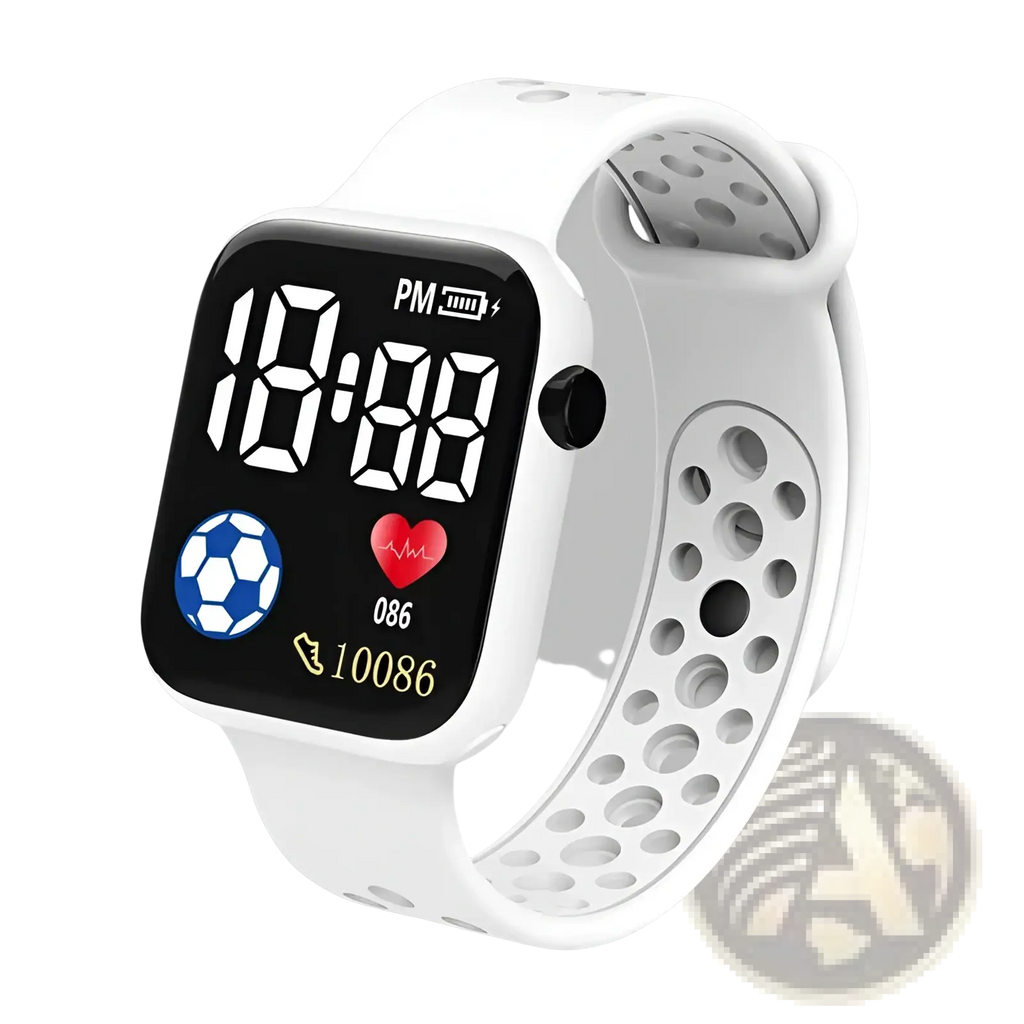 White kids led digital sport watch with waterproof silicone perforated strap and square face showing heart rate and notifications