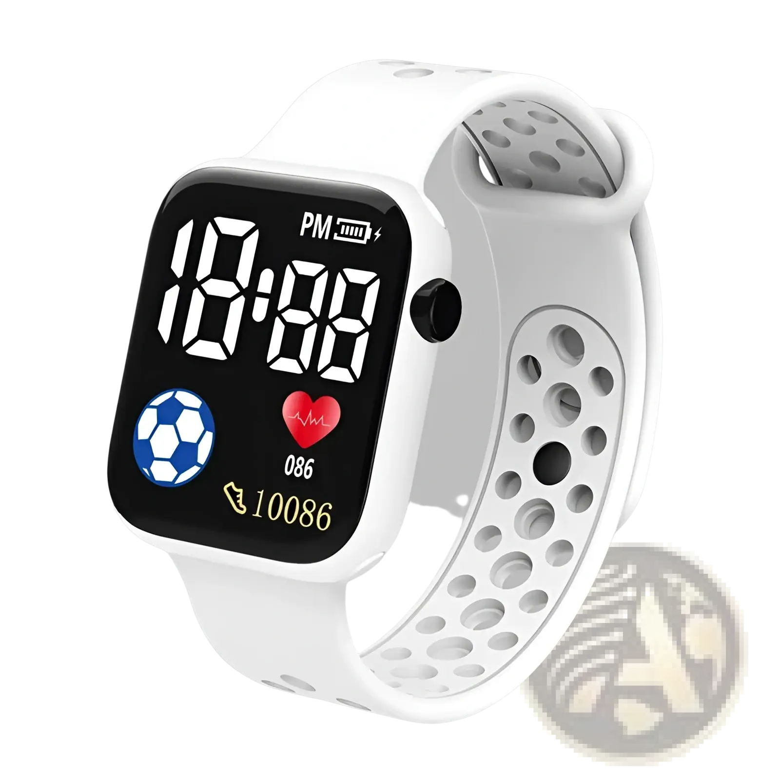 White kids led digital sport watch with waterproof silicone perforated strap and square face showing heart rate and notifications