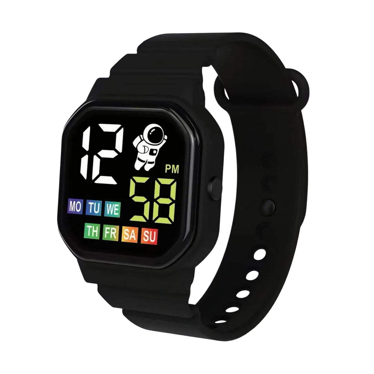 Black kids led digital sport watch with octagonal case colorful led display and astronaut graphic waterproof design