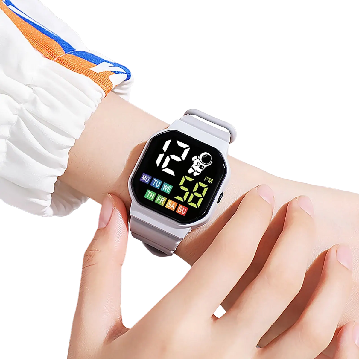 Gray kids led digital sport watch with square face and bright green LED display featuring an astronaut graphic