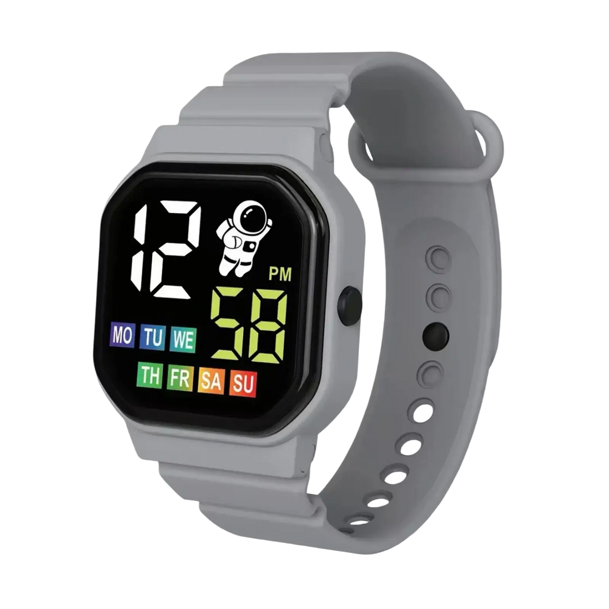 Kids led digital sport watch waterproof gray with square face astronaut graphic and colorful day indicators displaying 12:58 pm