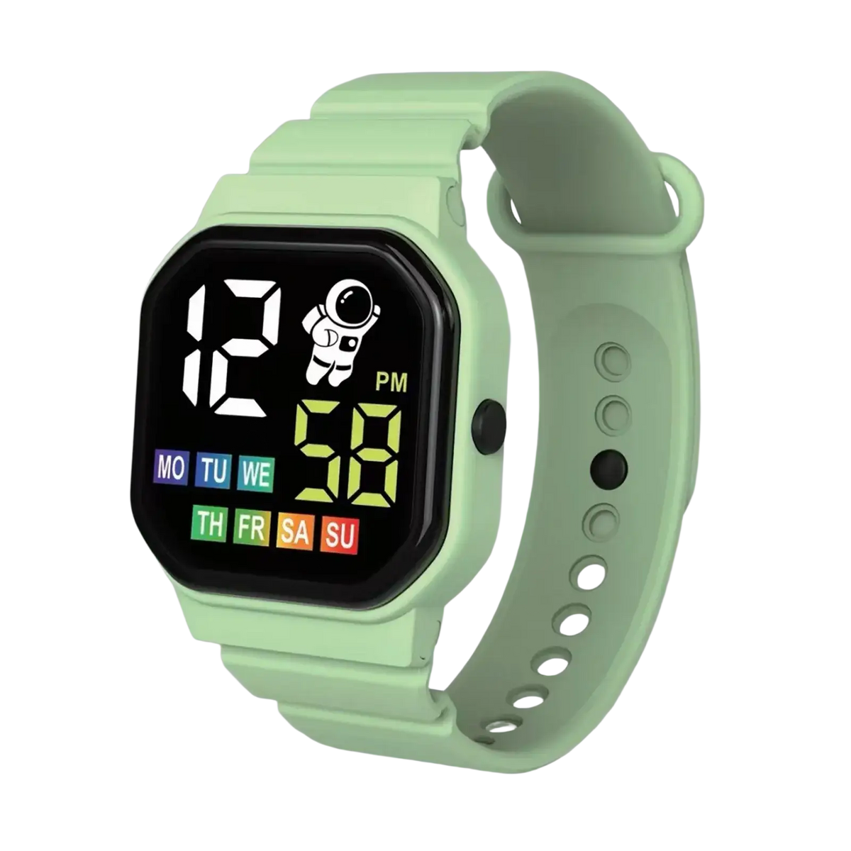 Kids led digital sport watch in mint green with waterproof design and astronaut graphic on black square face display