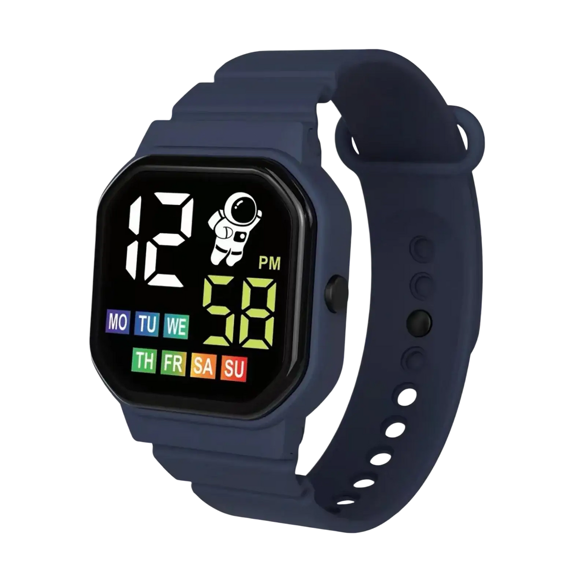Navy blue kids LED digital sport watch with square face, colorful display, astronaut graphic, and waterproof design