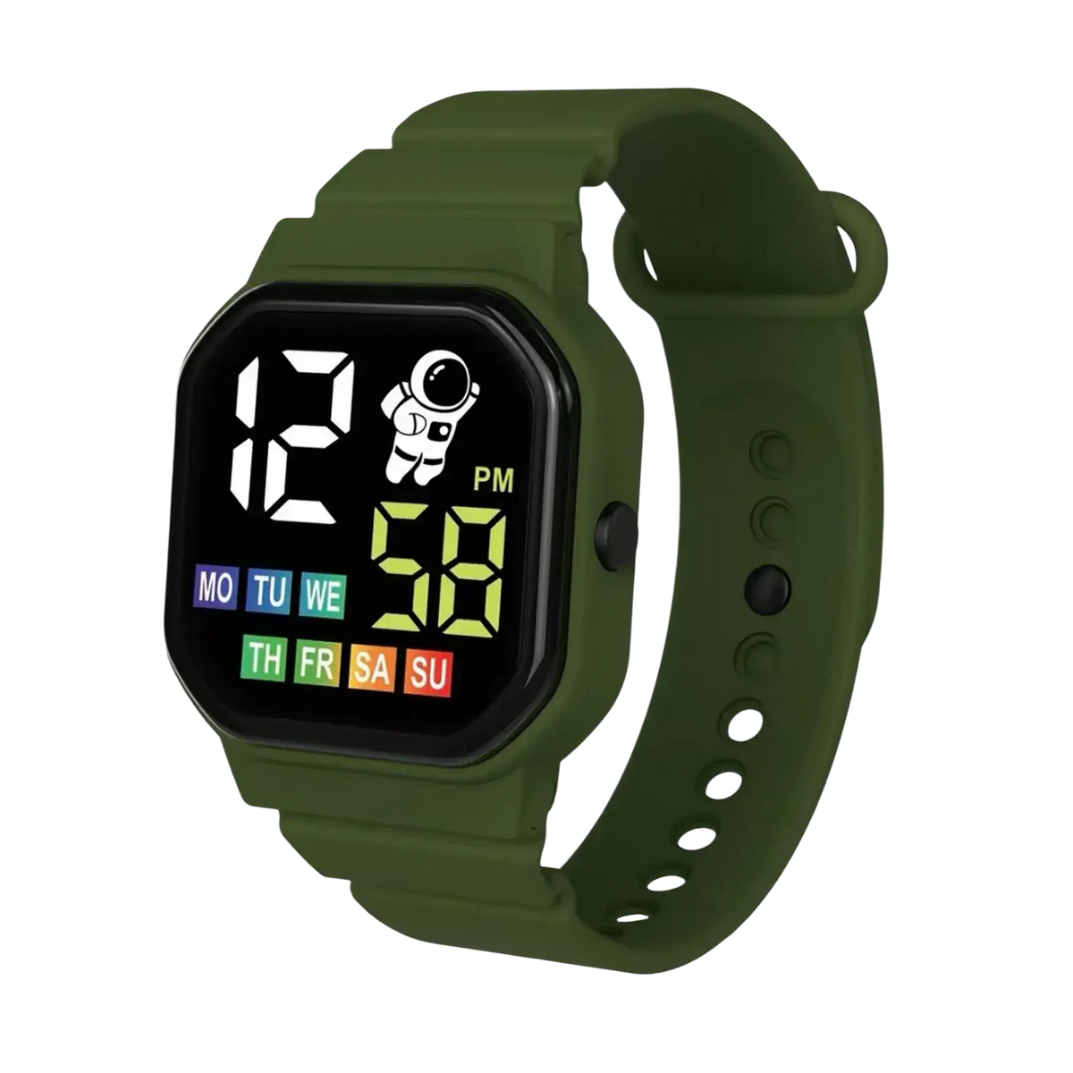 Olive green kids led digital sport watch with square face and astronaut graphic displaying time and day in bright digits