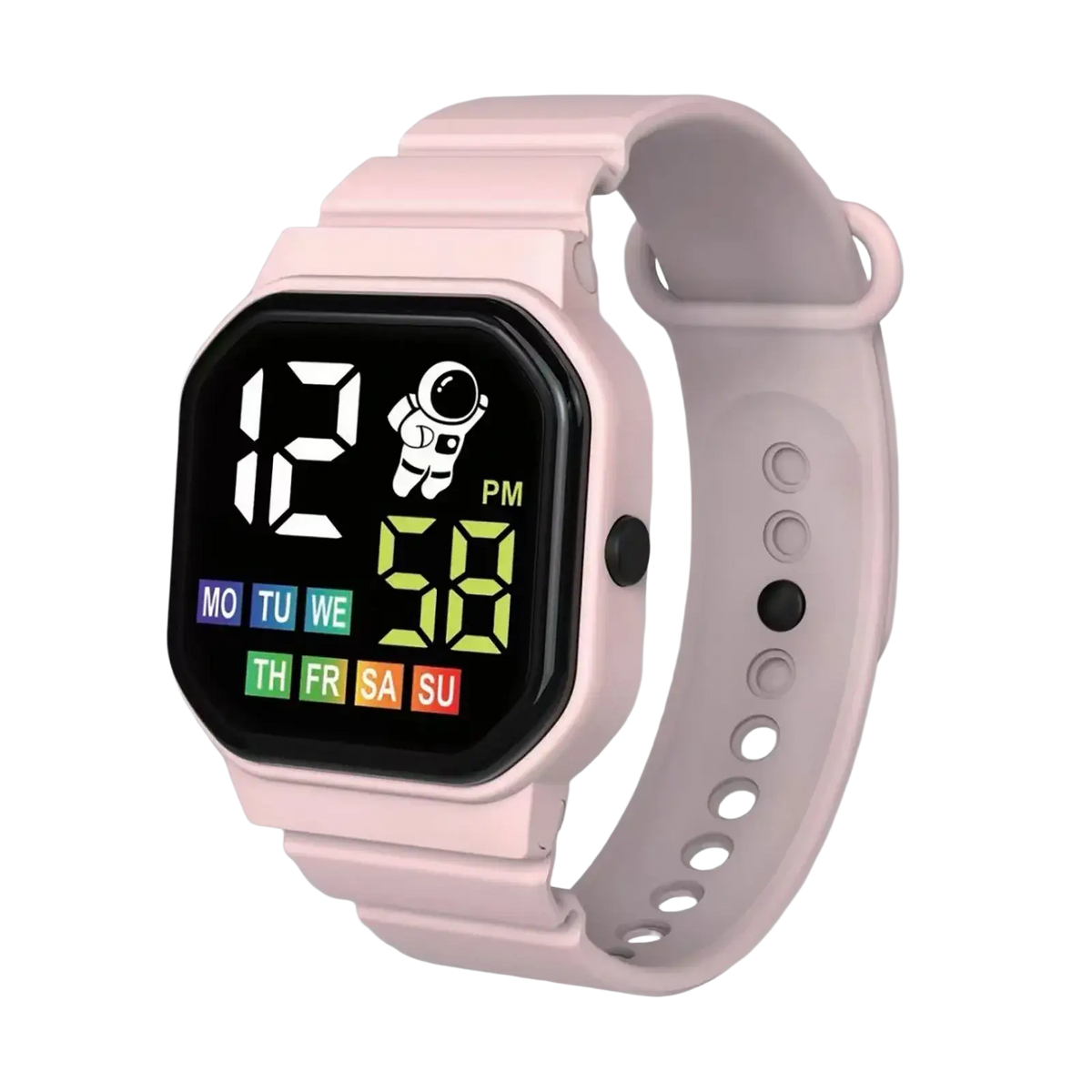 Kids led digital sport watch in pink featuring a square face astronaut graphic and colorful day of week indicators