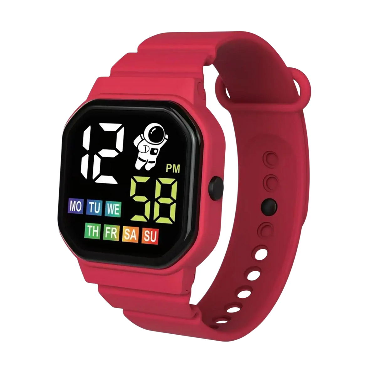 Red kids led digital sport watch with waterproof feature and astronaut graphic on black screen displaying time and day
