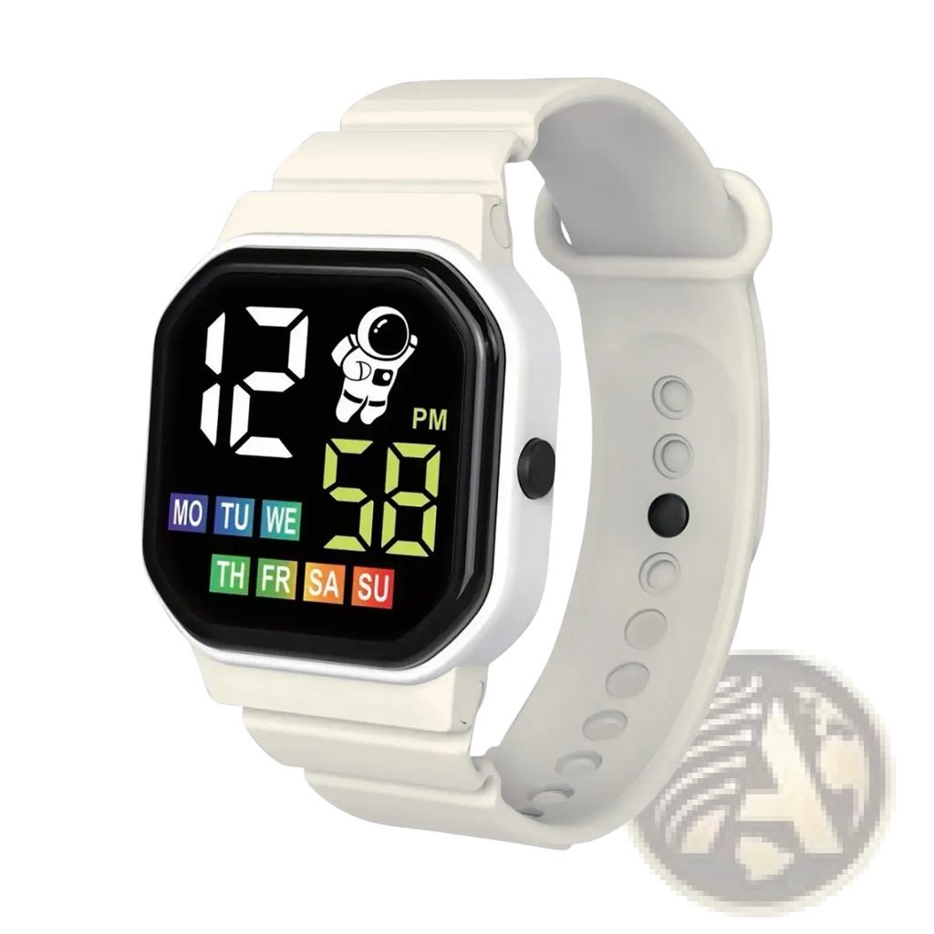 White kids led digital sport watch with square face featuring astronaut graphic and colorful day-of-week indicators