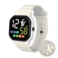 White kids led digital sport watch with square face featuring astronaut graphic and colorful day-of-week indicators