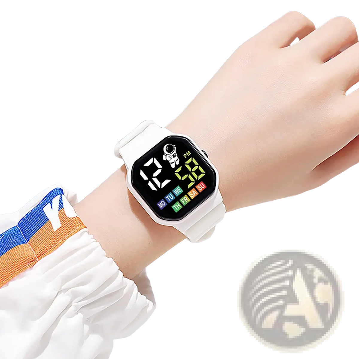 White kids led digital sport watch with square face and colorful led astronaut display waterproof wristwatch