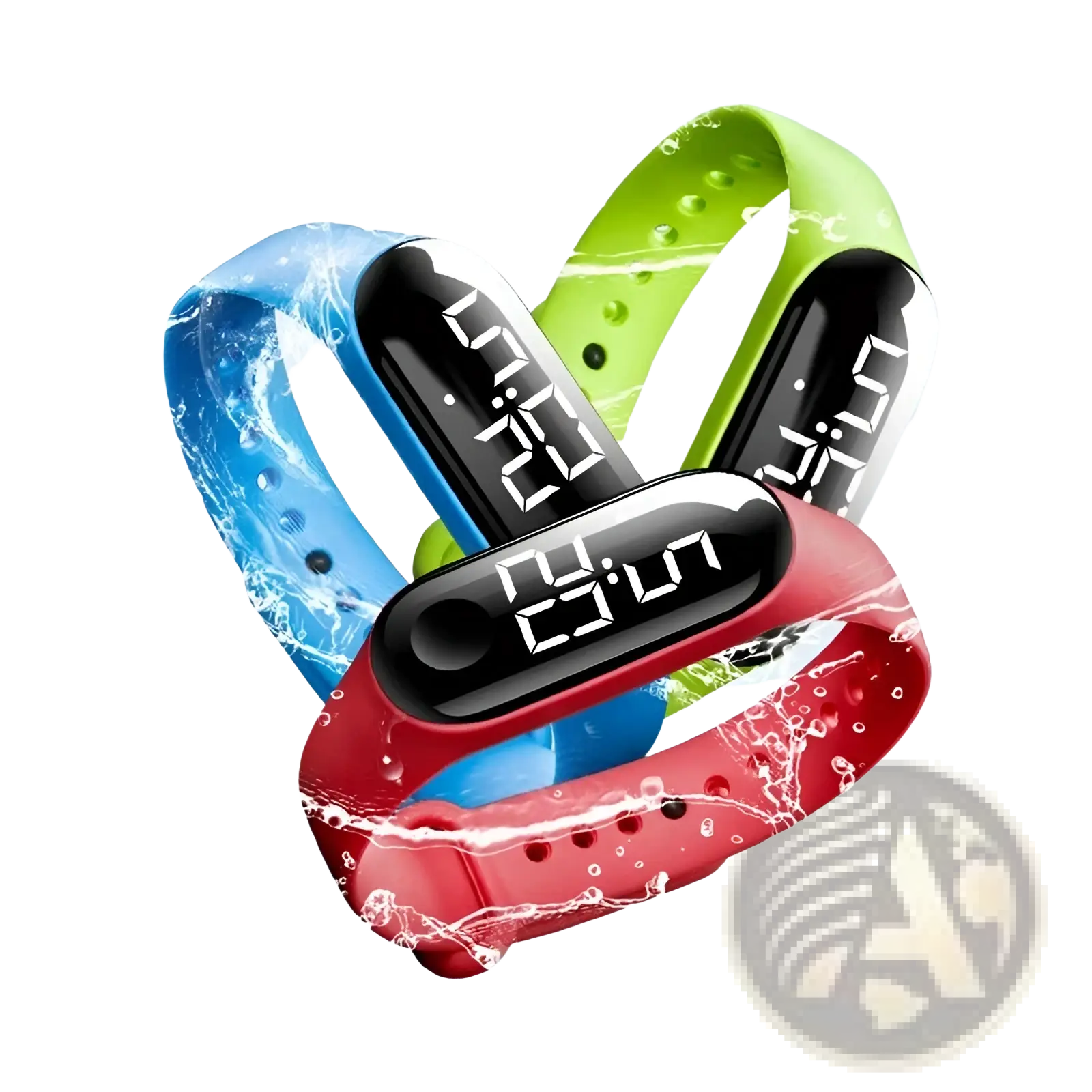 Kids Led digital sports watches in red blue and green silicone with waterproof design and black rectangular displays