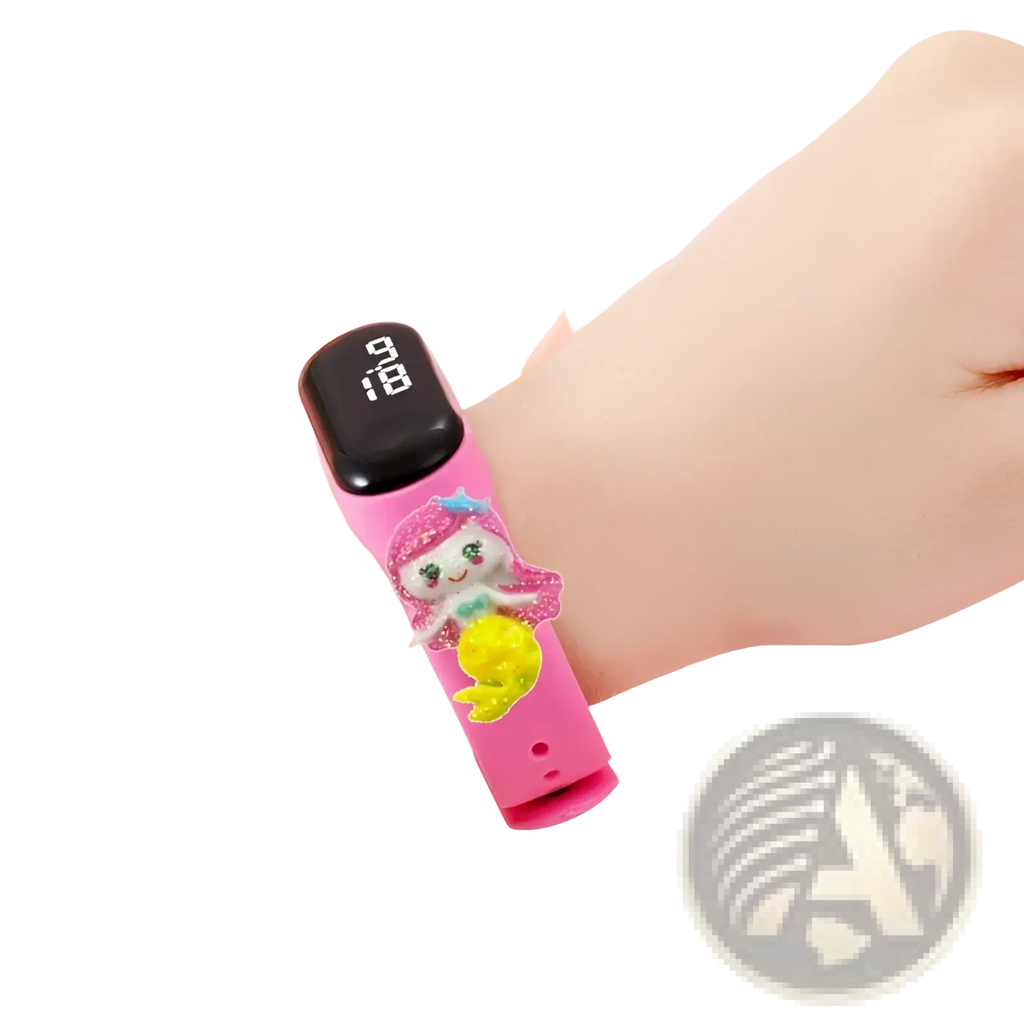 Kids led digital sports watch with pink silicone wristband black digital display and glittery mermaid charm waterproof design