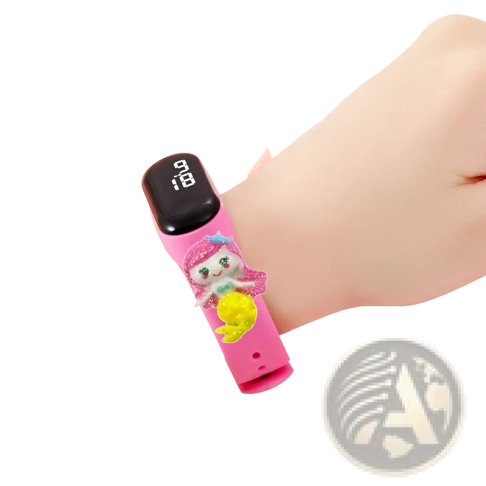 Kids led digital sports watch with pink silicone wristband black digital display and glittery mermaid charm waterproof design