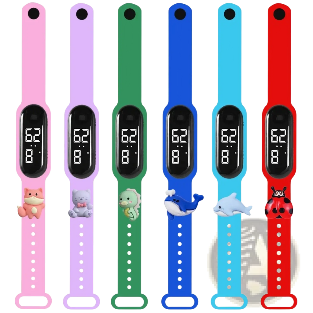 Six colorful waterproof silicone kids led digital sports watches with cute animal charms and digital displays