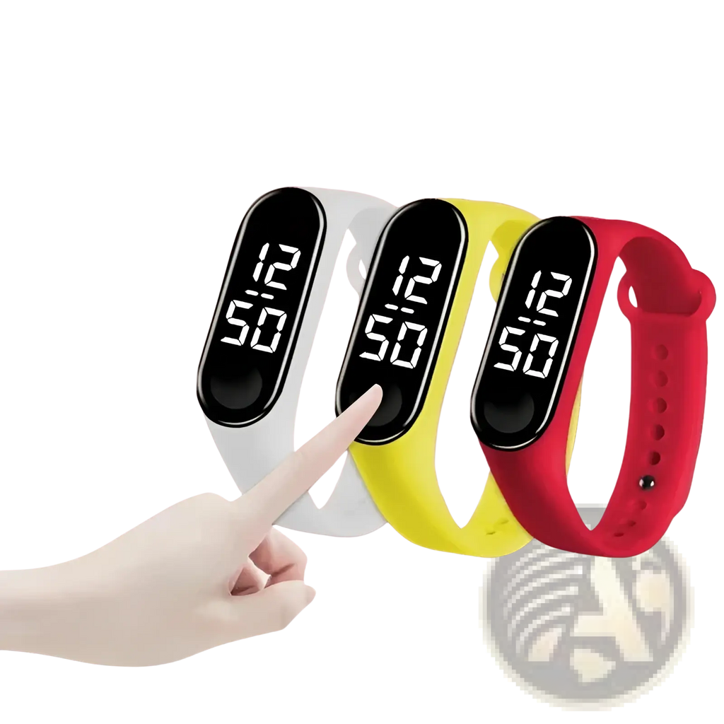 Three colorful kids led digital sports watch bands in white yellow and red with black touchscreens displaying 1250