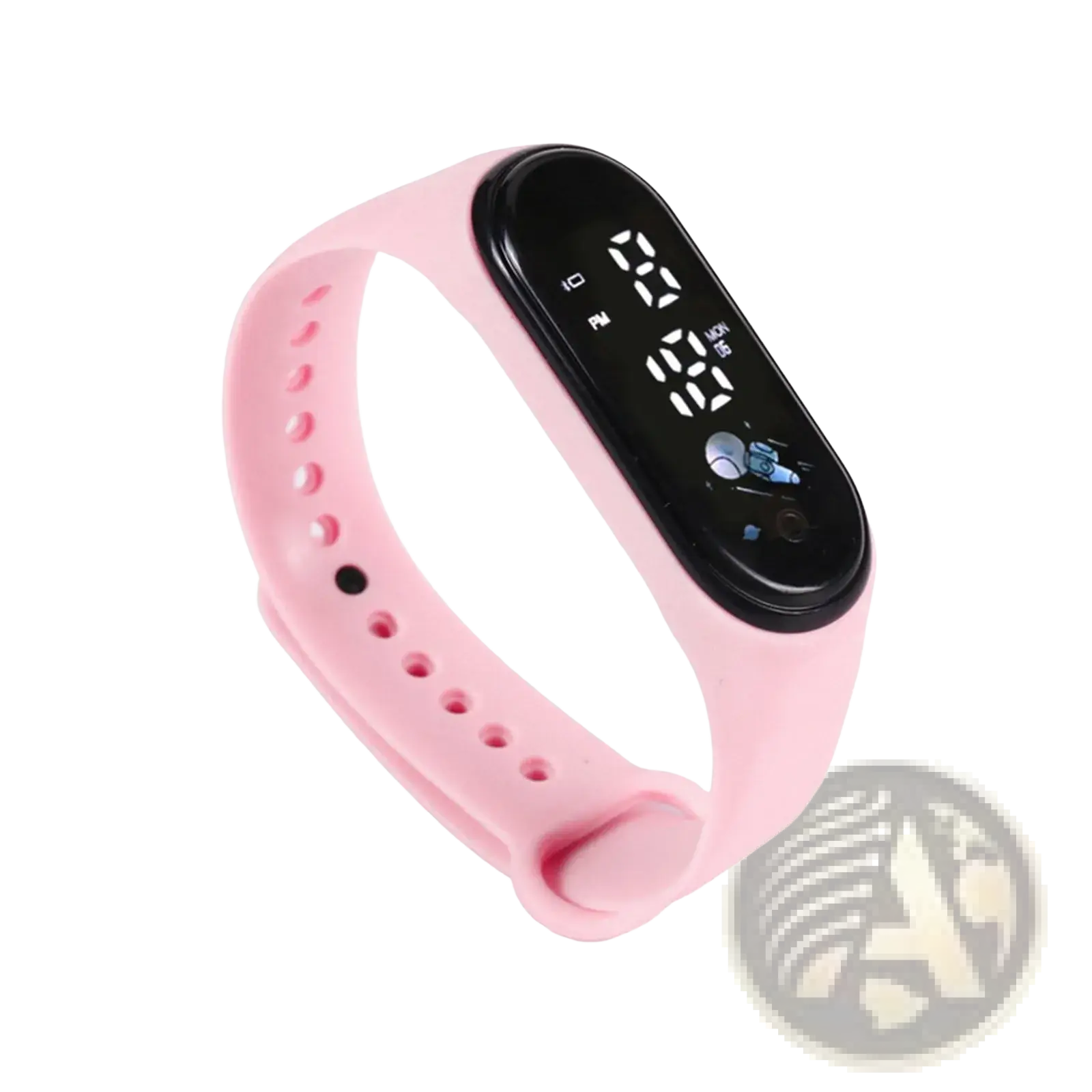 Kids led digital sports watch with pink waterproof silicone band and black digital display showing time and date