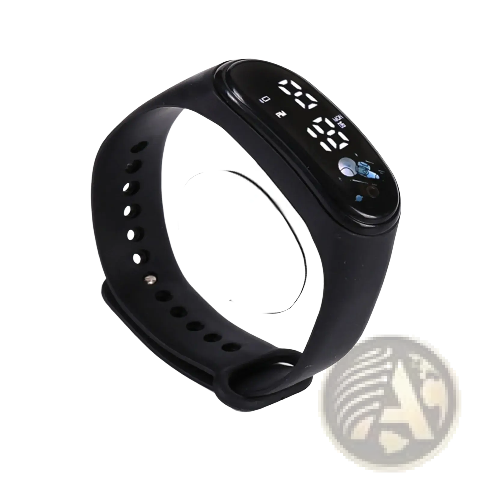 Black silicone kids LED digital sports watch with waterproof band and digital display showing time and steps