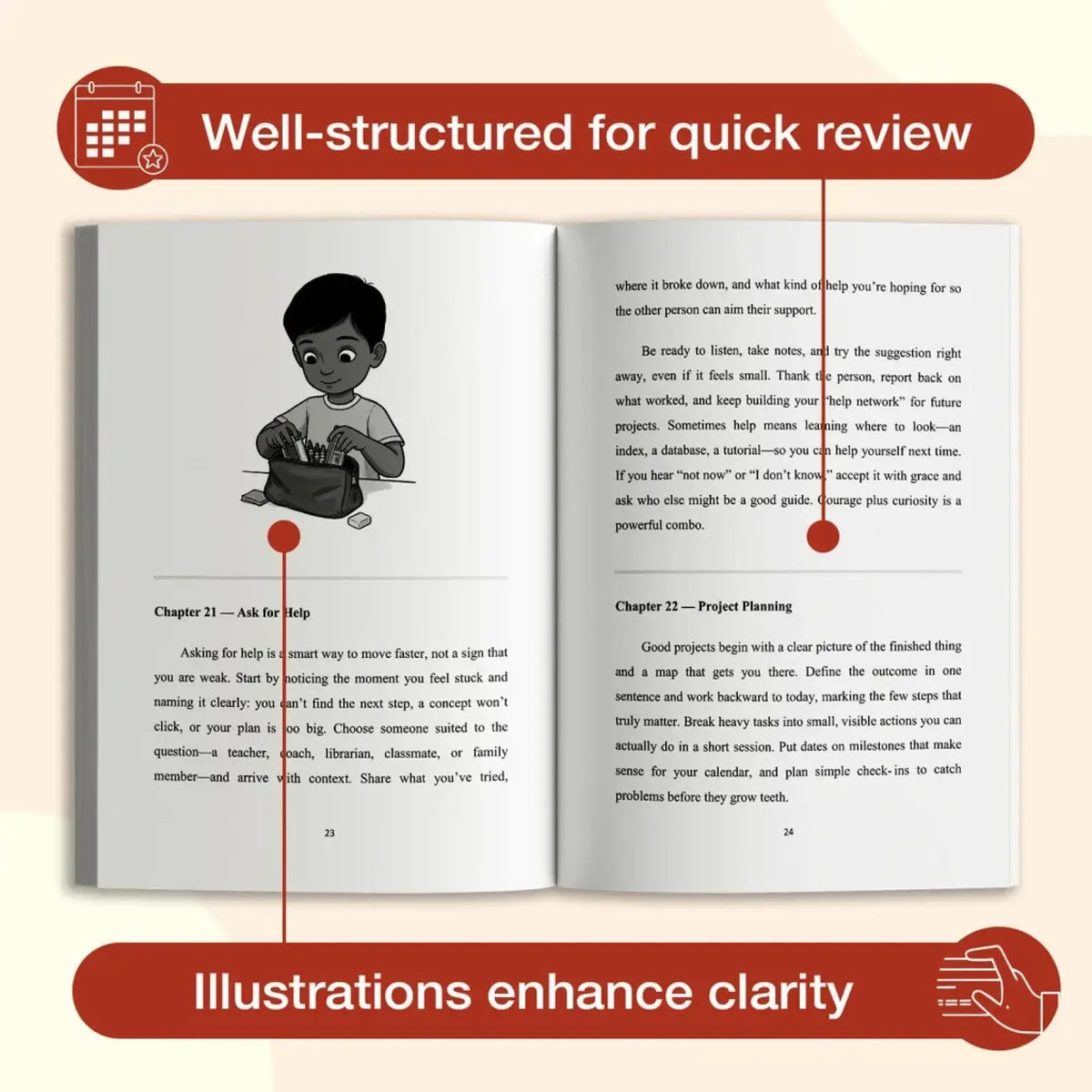 Open book from Kids Life Skills Book essential independence guide showing illustrated child with pencil case on page 23