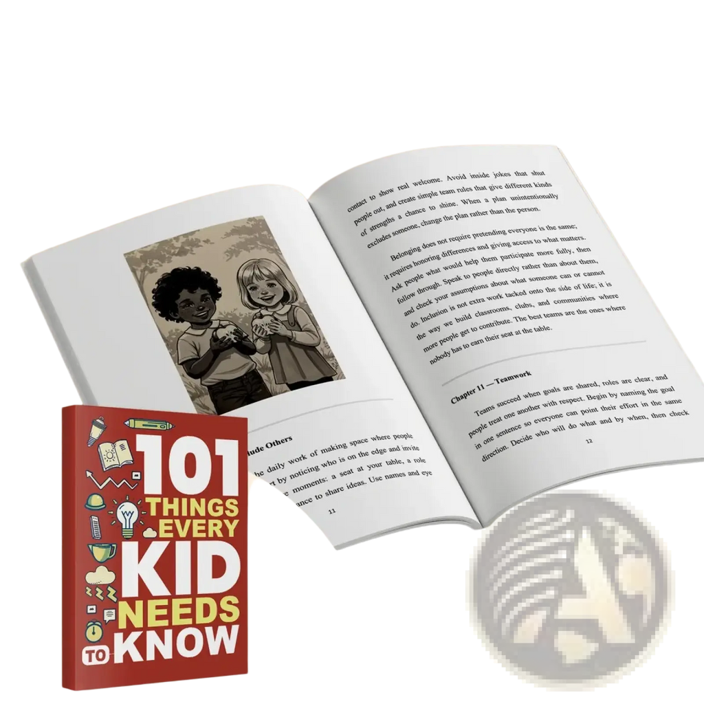 Red hardcover kids life skills book titled 101 things every kid needs to know with colorful illustrated icons on cover