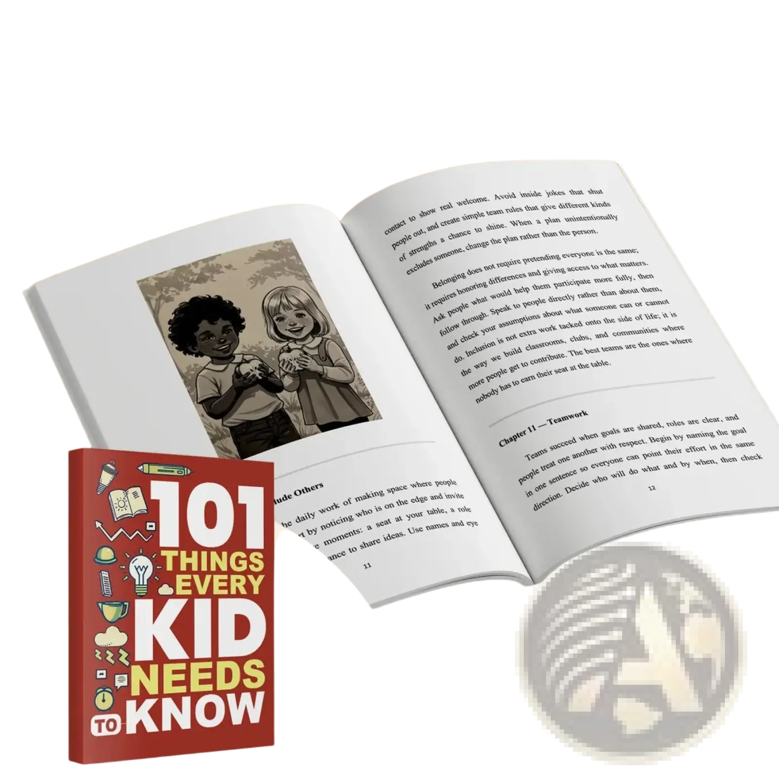 Red hardcover kids life skills book titled 101 things every kid needs to know with colorful illustrated icons on cover